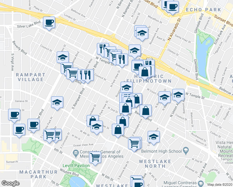 map of restaurants, bars, coffee shops, grocery stores, and more near 110 Rosemont Avenue in Los Angeles