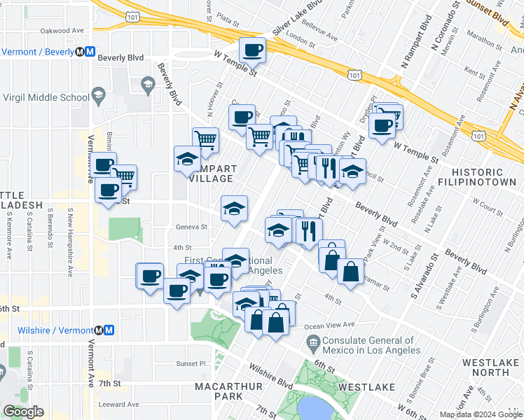 map of restaurants, bars, coffee shops, grocery stores, and more near 269 South La Fayette Park Place in Los Angeles