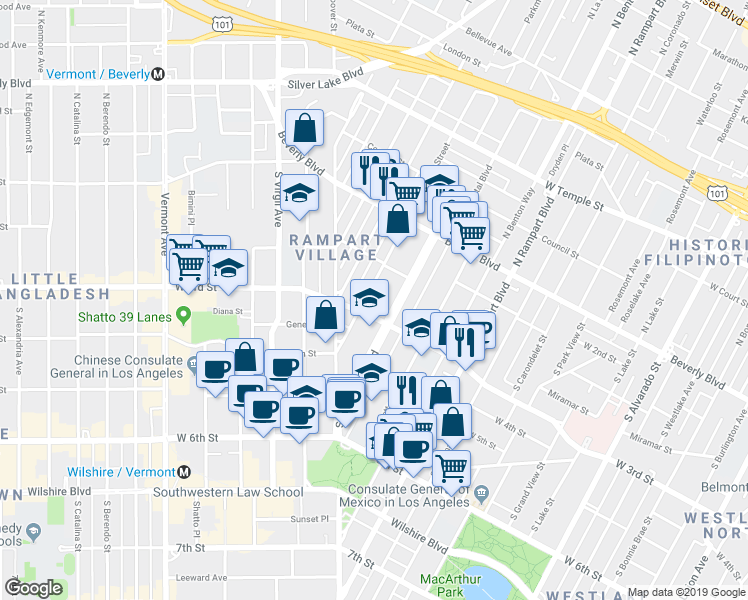 map of restaurants, bars, coffee shops, grocery stores, and more near 249 South Occidental Boulevard in Los Angeles