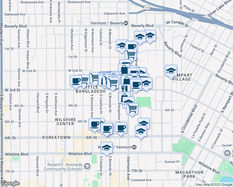 map of restaurants, bars, coffee shops, grocery stores, and more near 330 South New Hampshire Avenue in Los Angeles