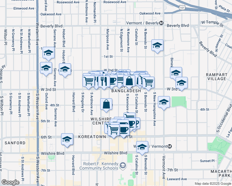 map of restaurants, bars, coffee shops, grocery stores, and more near 330 South Mariposa Avenue in Los Angeles