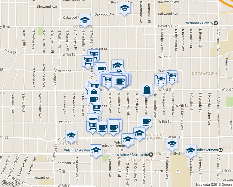 map of restaurants, bars, coffee shops, grocery stores, and more near 334 South Hobart Boulevard in Los Angeles