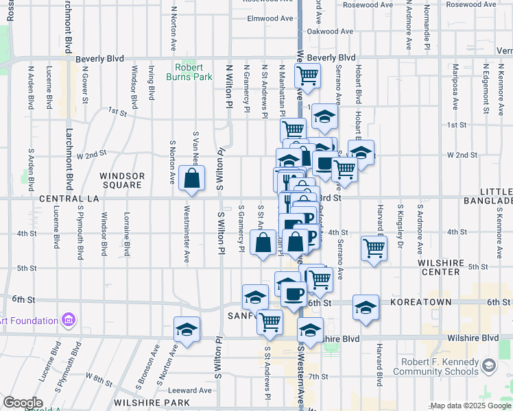 map of restaurants, bars, coffee shops, grocery stores, and more near 326 South Gramercy Place in Los Angeles