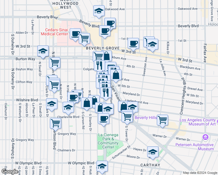 map of restaurants, bars, coffee shops, grocery stores, and more near 147 North Hamilton Drive in Beverly Hills