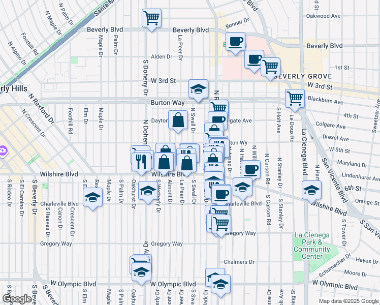 map of restaurants, bars, coffee shops, grocery stores, and more near 133 North Swall Drive in Beverly Hills