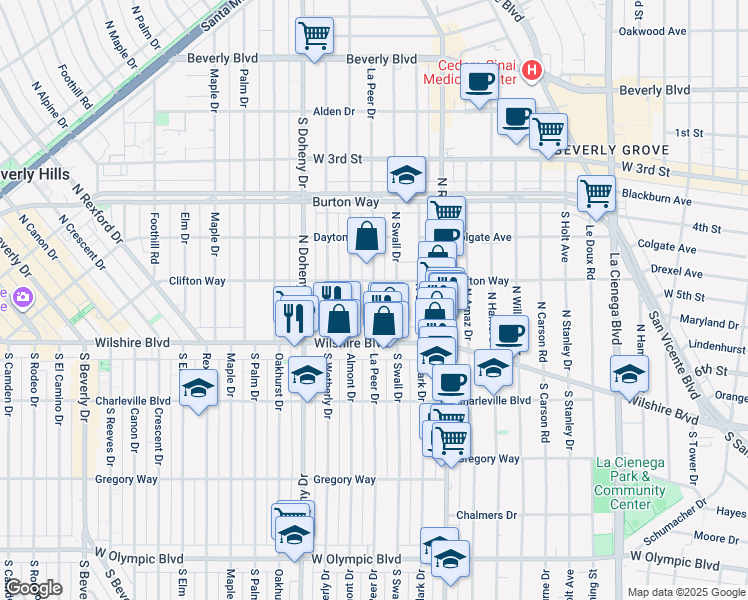 map of restaurants, bars, coffee shops, grocery stores, and more near 133 North Swall Drive in Beverly Hills