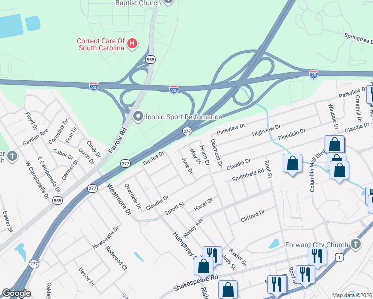 map of restaurants, bars, coffee shops, grocery stores, and more near 3927 May Drive in Columbia
