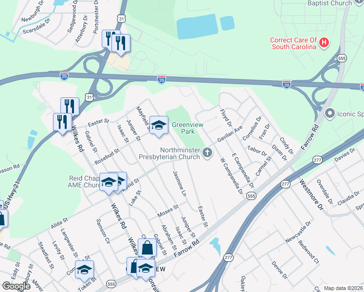 map of restaurants, bars, coffee shops, grocery stores, and more near 6500 David Street in Columbia