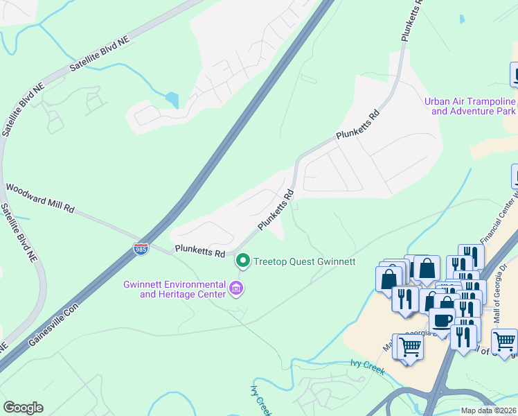 map of restaurants, bars, coffee shops, grocery stores, and more near 1376 Clarecastle Lane in Buford