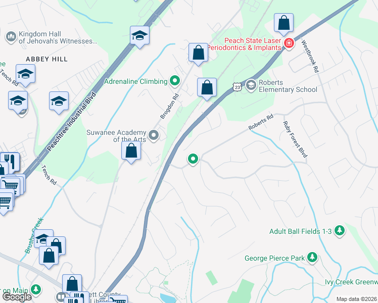 map of restaurants, bars, coffee shops, grocery stores, and more near 47 Woods Creek Drive in Suwanee