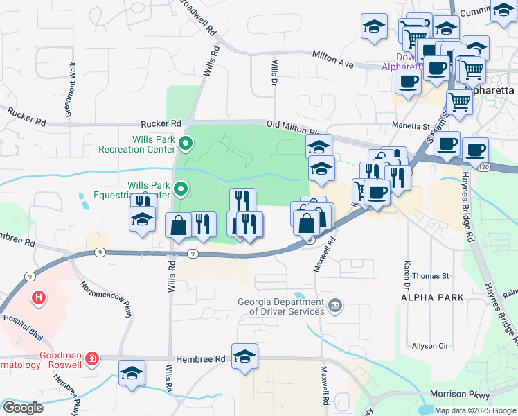map of restaurants, bars, coffee shops, grocery stores, and more near 431 South Main Street in Alpharetta
