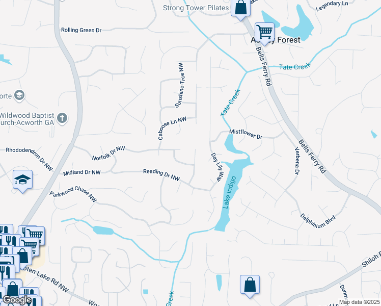 map of restaurants, bars, coffee shops, grocery stores, and more near 4809 Burlington Court Northwest in Acworth