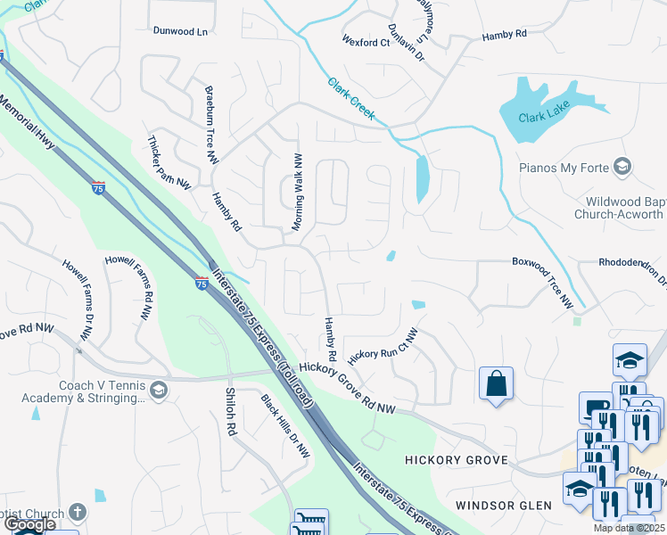 map of restaurants, bars, coffee shops, grocery stores, and more near 4787 Burford Court Northwest in Acworth