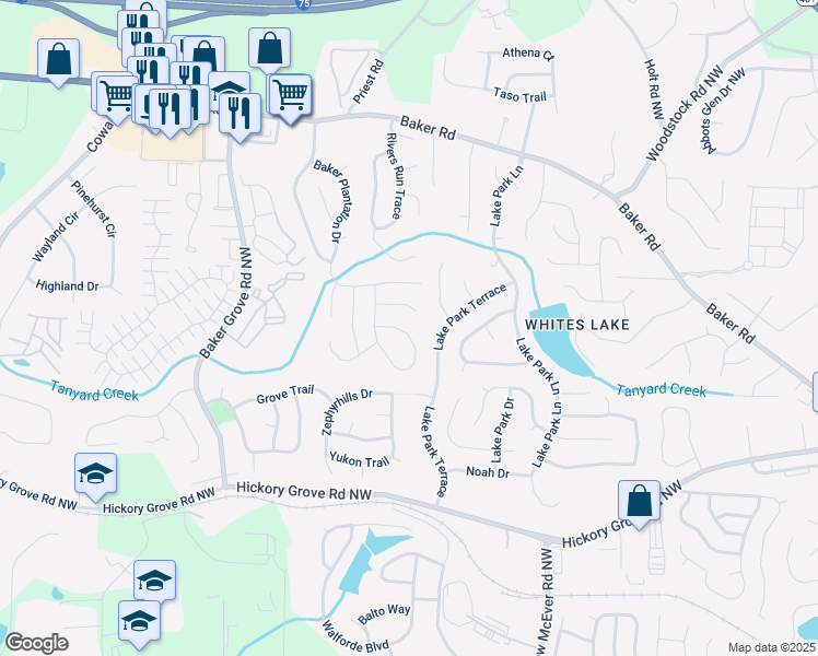 map of restaurants, bars, coffee shops, grocery stores, and more near 4735 Julian Way in Acworth