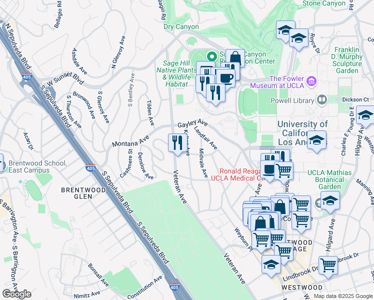 map of restaurants, bars, coffee shops, grocery stores, and more near 459 Kelton Avenue in Los Angeles