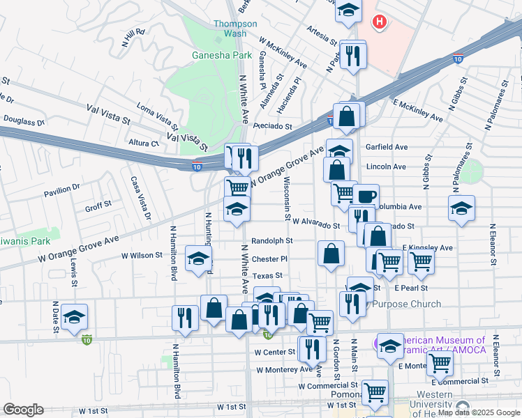 map of restaurants, bars, coffee shops, grocery stores, and more near 464 West Columbia Avenue in Pomona