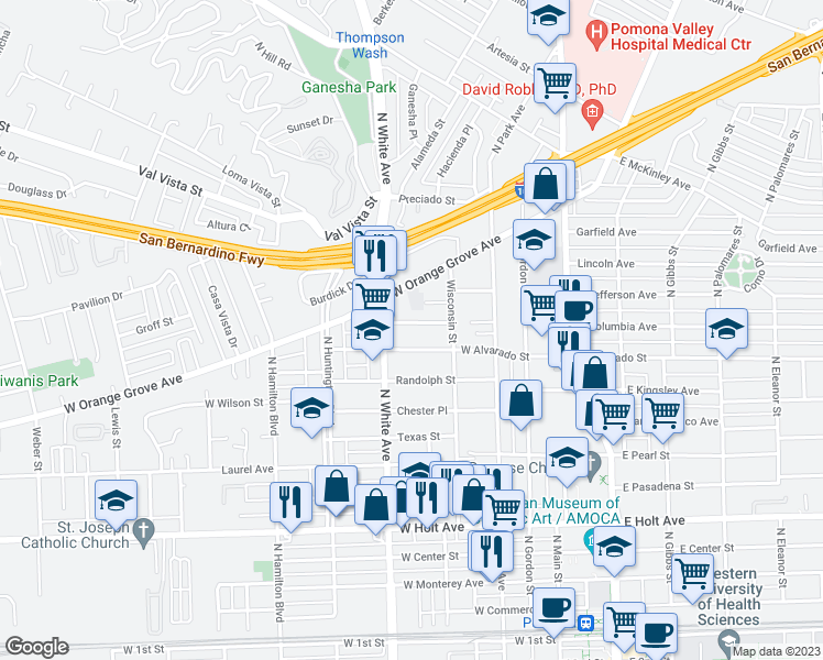 map of restaurants, bars, coffee shops, grocery stores, and more near 464 West Columbia Avenue in Pomona