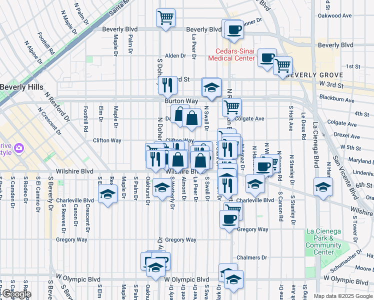 map of restaurants, bars, coffee shops, grocery stores, and more near 150 North Almont Drive in Beverly Hills