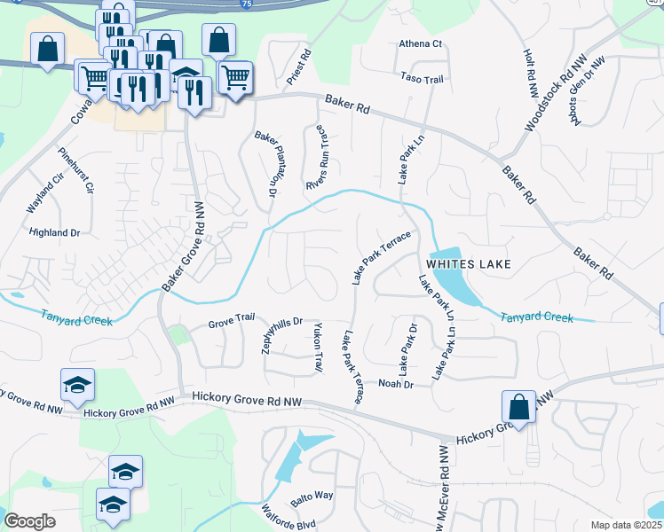 map of restaurants, bars, coffee shops, grocery stores, and more near 4735 Julian Way in Acworth
