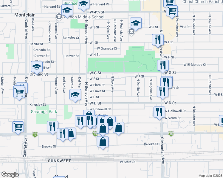 map of restaurants, bars, coffee shops, grocery stores, and more near 1430 West E Street in Ontario