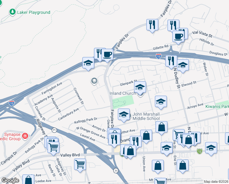 map of restaurants, bars, coffee shops, grocery stores, and more near 1876 Elwood Avenue in Pomona