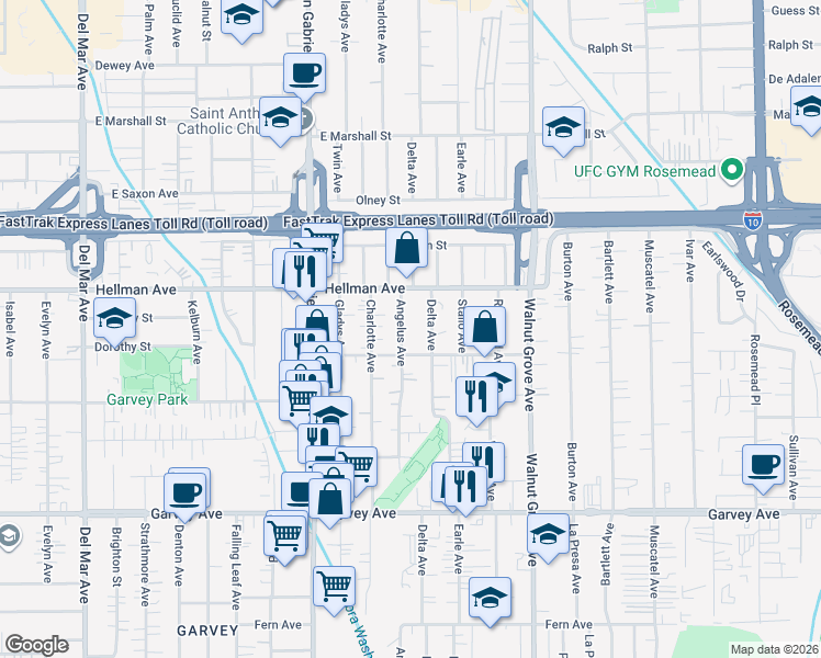 map of restaurants, bars, coffee shops, grocery stores, and more near 3303 Delta Avenue in Rosemead