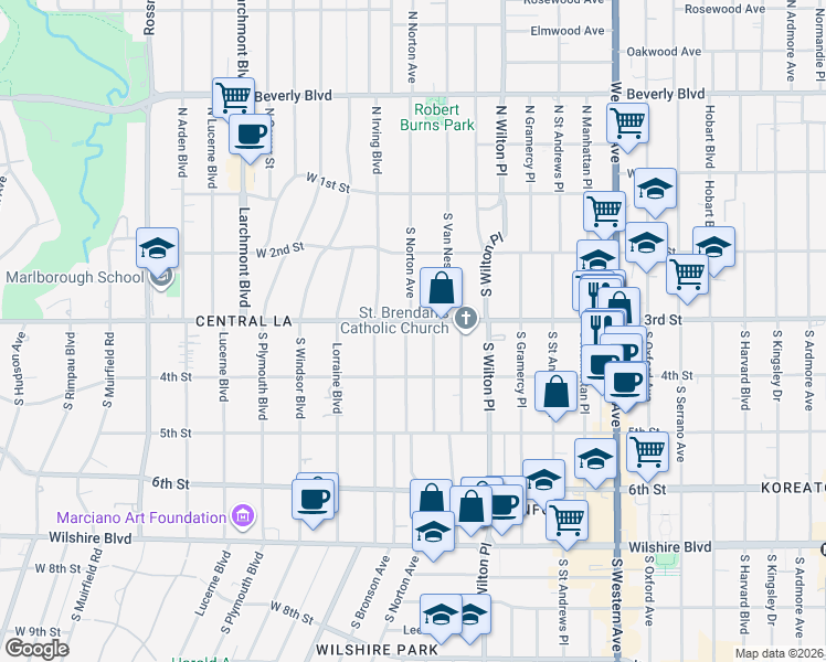 map of restaurants, bars, coffee shops, grocery stores, and more near 324 South Norton Avenue in Los Angeles