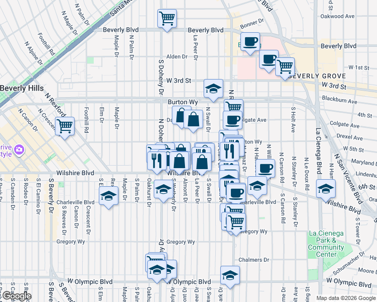 map of restaurants, bars, coffee shops, grocery stores, and more near 126 North Almont Drive in Beverly Hills