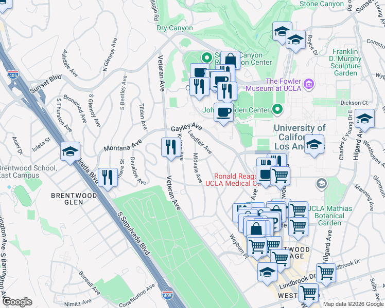 map of restaurants, bars, coffee shops, grocery stores, and more near 512 Kelton Avenue in Los Angeles
