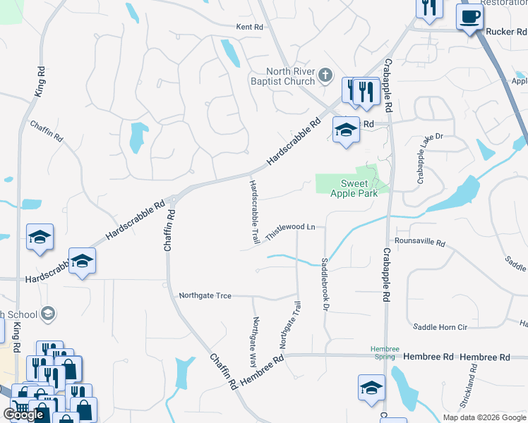 map of restaurants, bars, coffee shops, grocery stores, and more near 11815 Hardscrabble Trail in Roswell