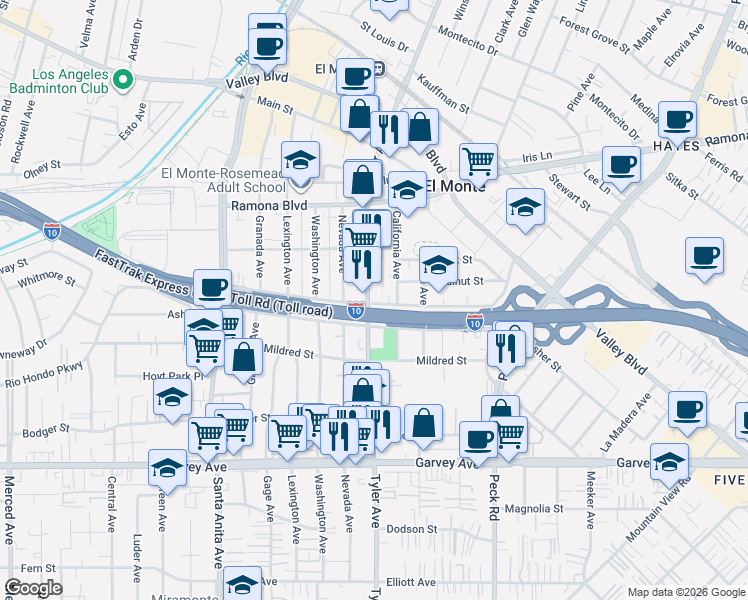 map of restaurants, bars, coffee shops, grocery stores, and more near 3300 Tyler Avenue in El Monte
