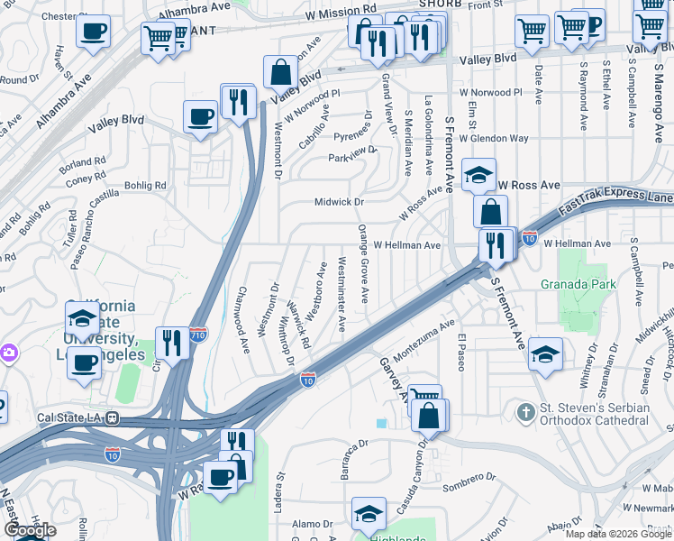 map of restaurants, bars, coffee shops, grocery stores, and more near 2121 Westminster Avenue in Alhambra