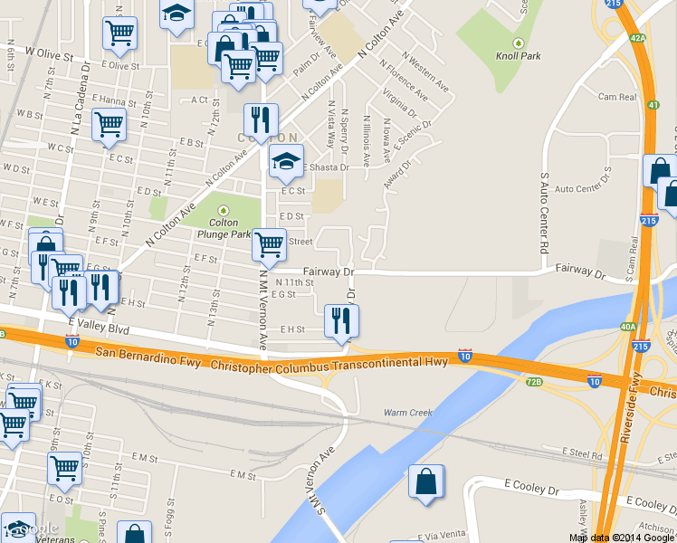 map of restaurants, bars, coffee shops, grocery stores, and more near 904 Fairway Avenue in Colton