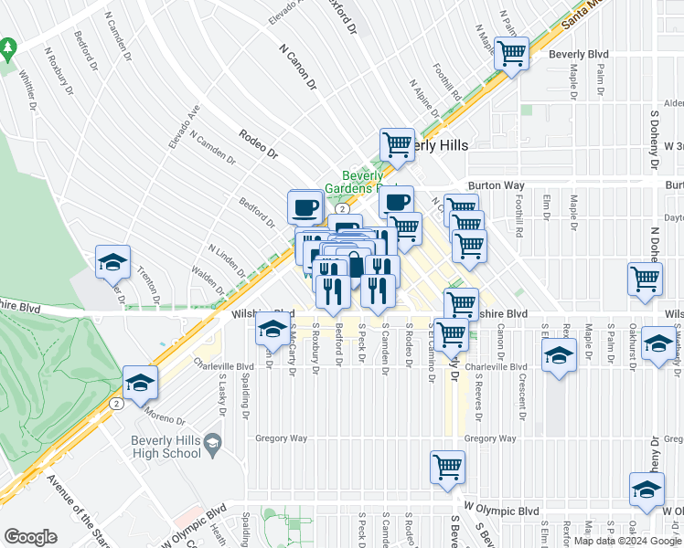 map of restaurants, bars, coffee shops, grocery stores, and more near in Beverly Hills