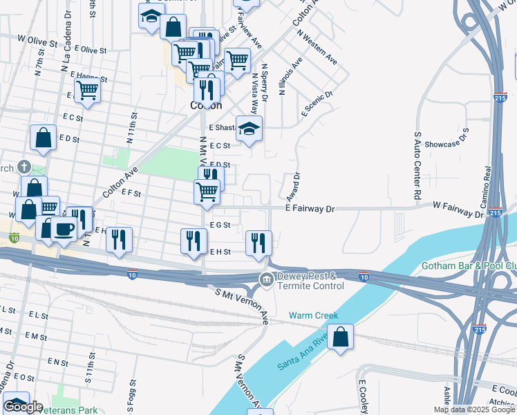 map of restaurants, bars, coffee shops, grocery stores, and more near 936 East Fairway Drive in Colton