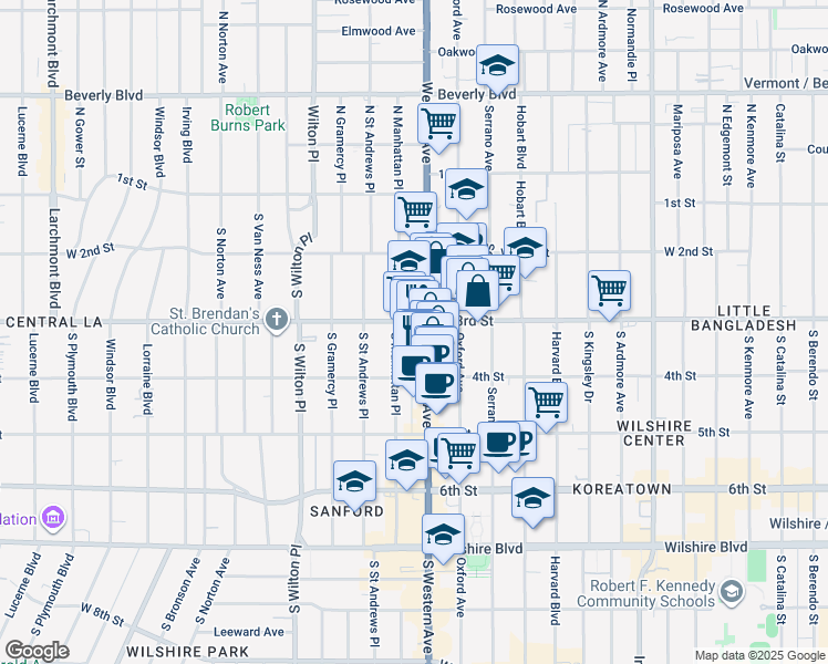 map of restaurants, bars, coffee shops, grocery stores, and more near 333 South Western Avenue in Los Angeles