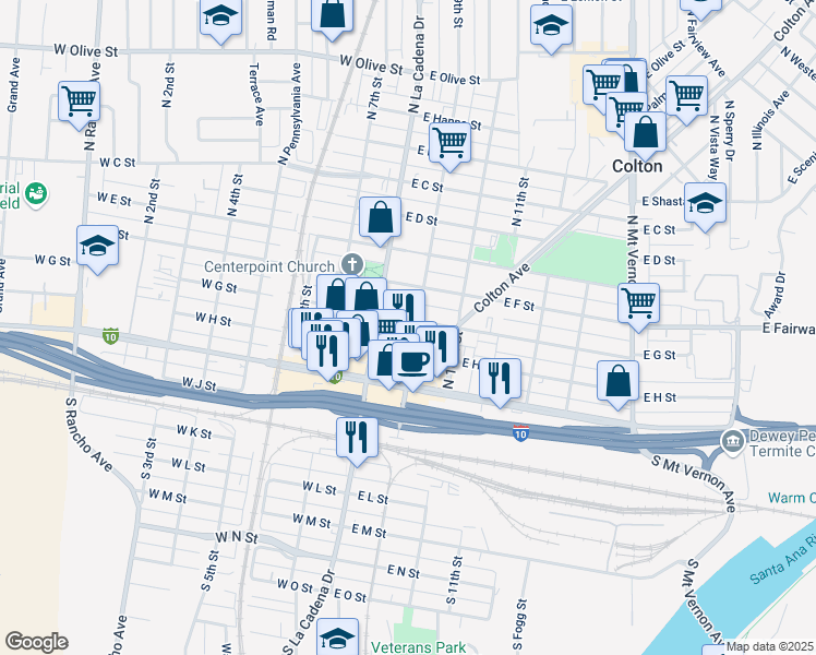 map of restaurants, bars, coffee shops, grocery stores, and more near 182 East G Street in Colton