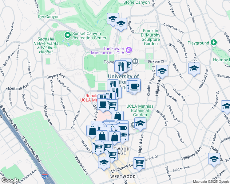 map of restaurants, bars, coffee shops, grocery stores, and more near 501 Westwood Plaza in Los Angeles