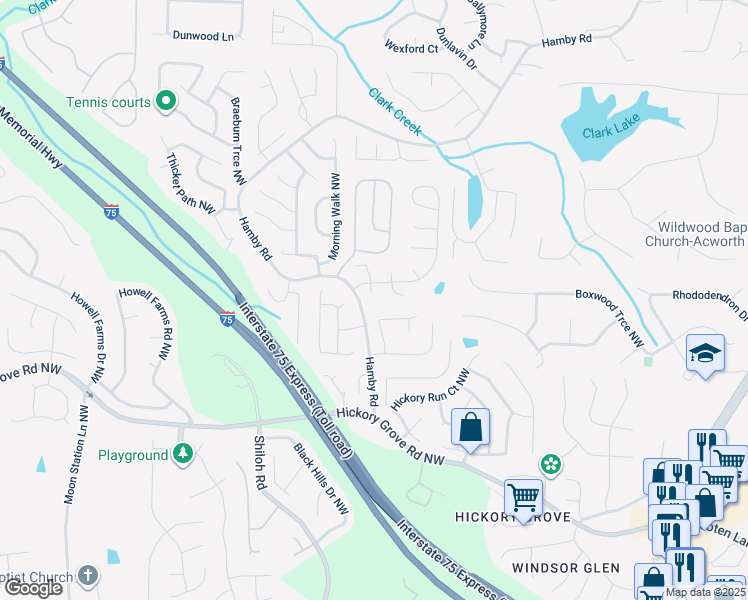 map of restaurants, bars, coffee shops, grocery stores, and more near 4787 Burford Court Northwest in Acworth