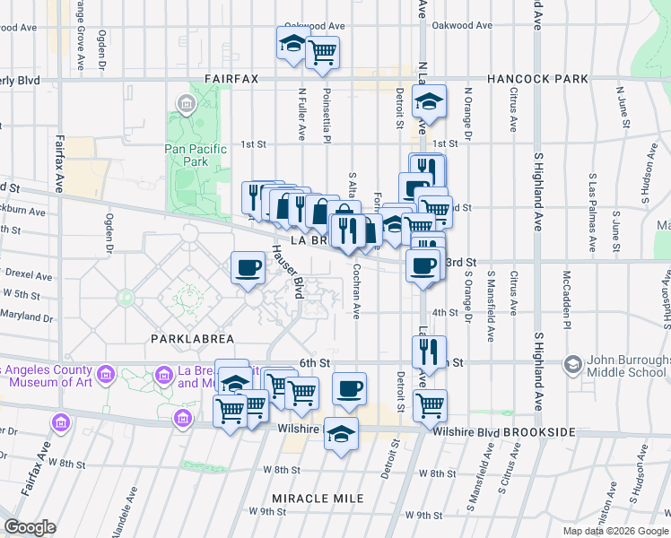 map of restaurants, bars, coffee shops, grocery stores, and more near 340 Hauser Boulevard in Los Angeles