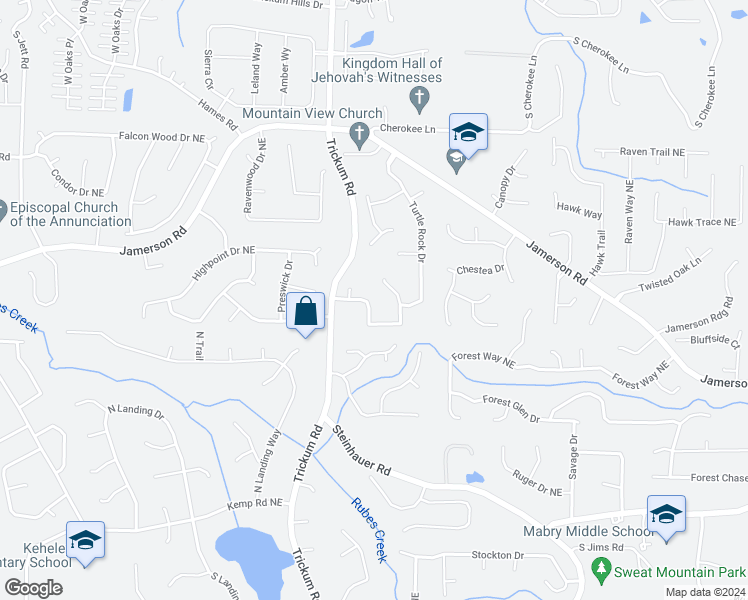 map of restaurants, bars, coffee shops, grocery stores, and more near 2257 Turtle Club Drive Northeast in Marietta