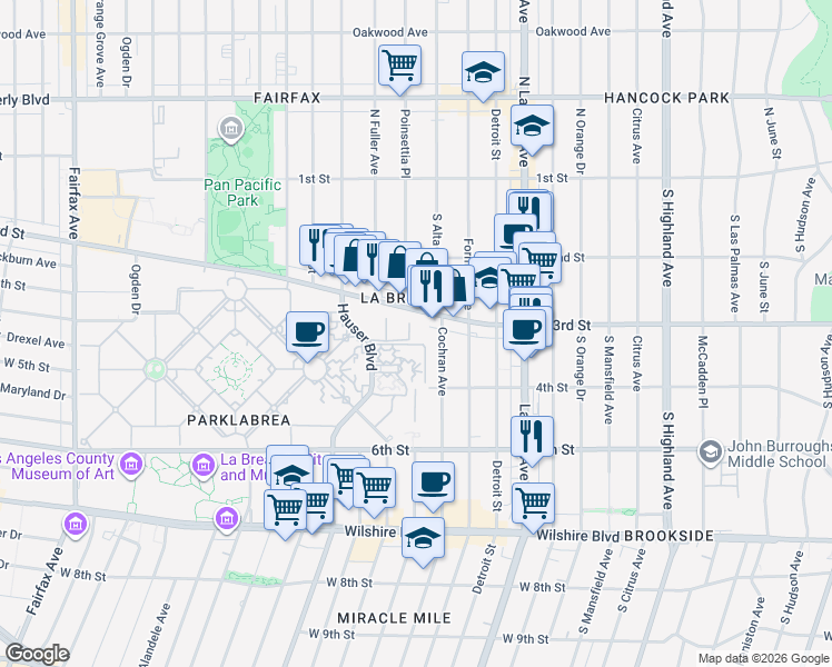 map of restaurants, bars, coffee shops, grocery stores, and more near 340 Hauser Boulevard in Los Angeles