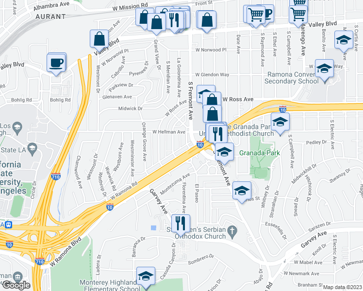 map of restaurants, bars, coffee shops, grocery stores, and more near 2121 El Paseo in Alhambra