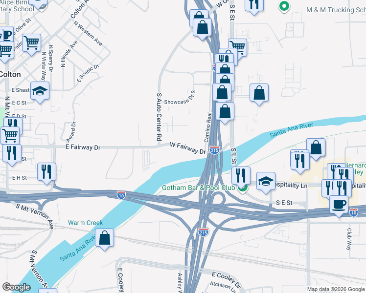 map of restaurants, bars, coffee shops, grocery stores, and more near West Fairway Drive in Colton