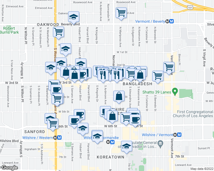 map of restaurants, bars, coffee shops, grocery stores, and more near 331 South Ardmore Avenue in Los Angeles