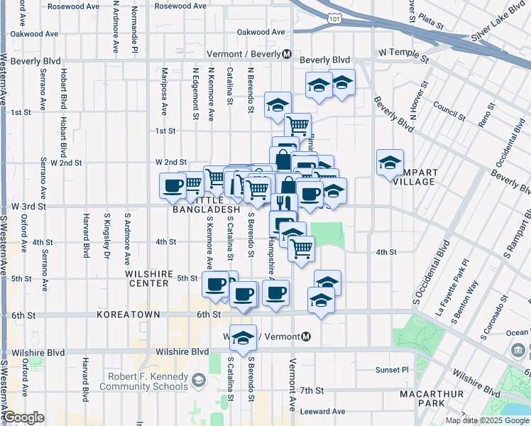 map of restaurants, bars, coffee shops, grocery stores, and more near 311 South New Hampshire Avenue in Los Angeles