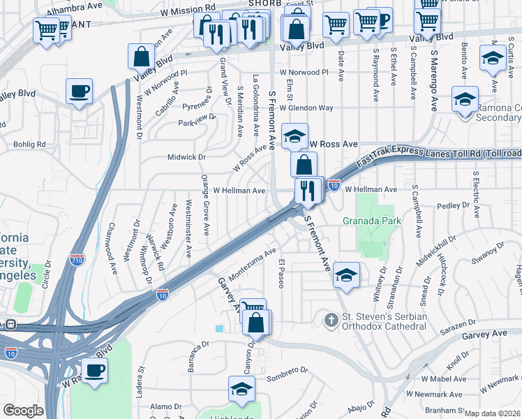 map of restaurants, bars, coffee shops, grocery stores, and more near 2121 El Paseo in Alhambra