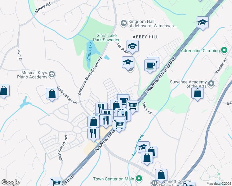 map of restaurants, bars, coffee shops, grocery stores, and more near 307 Barbados Lane in Suwanee