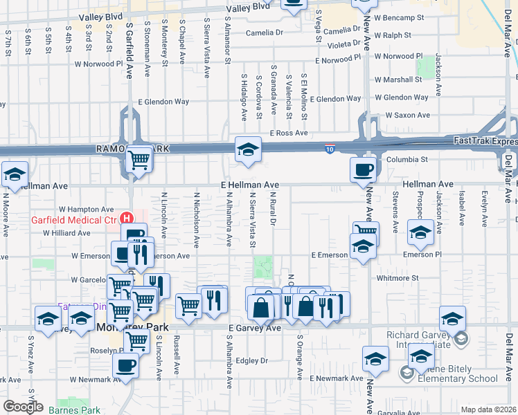 map of restaurants, bars, coffee shops, grocery stores, and more near 517 North Rural Drive in Monterey Park