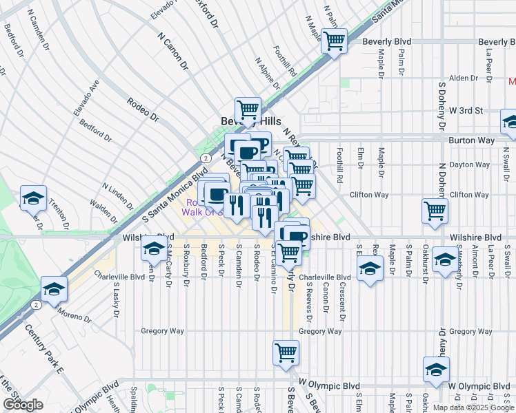 map of restaurants, bars, coffee shops, grocery stores, and more near 9840 Dayton Way in Beverly Hills